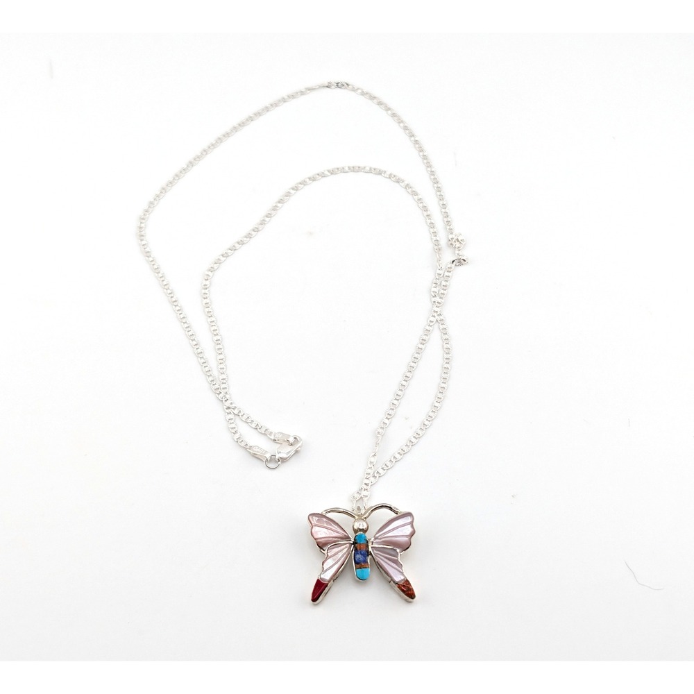Zuni Sterling Silver Butterfly Inlay Necklace Turquoise Lapis Coral Stones ** - Picture 3 of 10